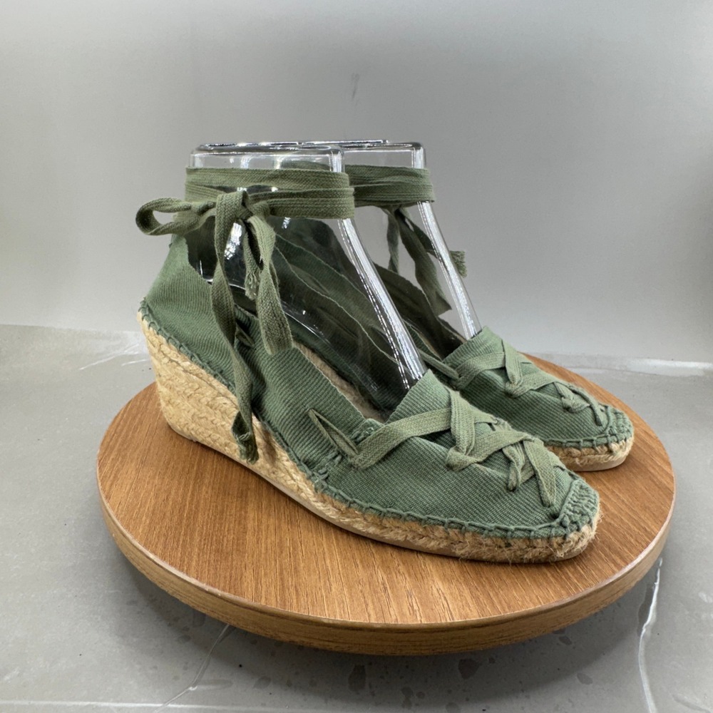 Cousu Main Espadrille Wedge Sandals 39 Green Lace Up Boho Coastal Summer